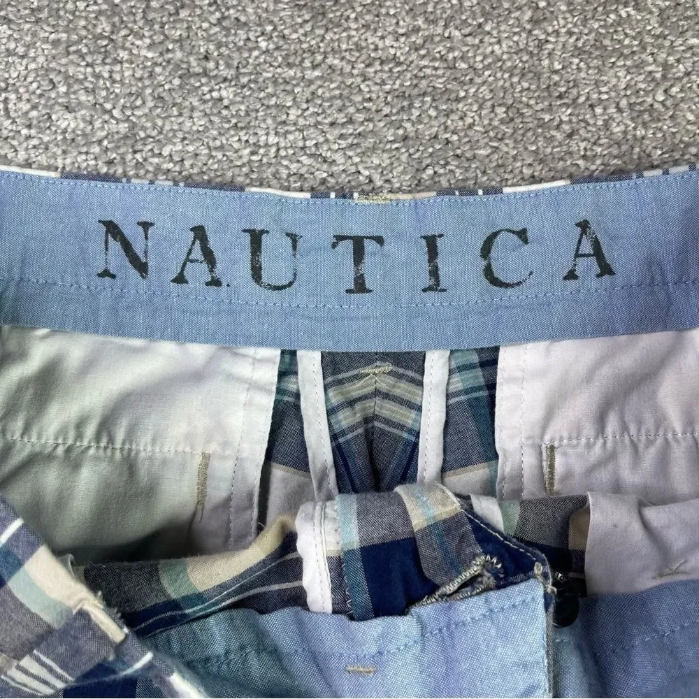 Nautica Shorts Men's 34 Blue Plaid Pockets Flat Front Casual Cotton Summer - Picture 5 of 13